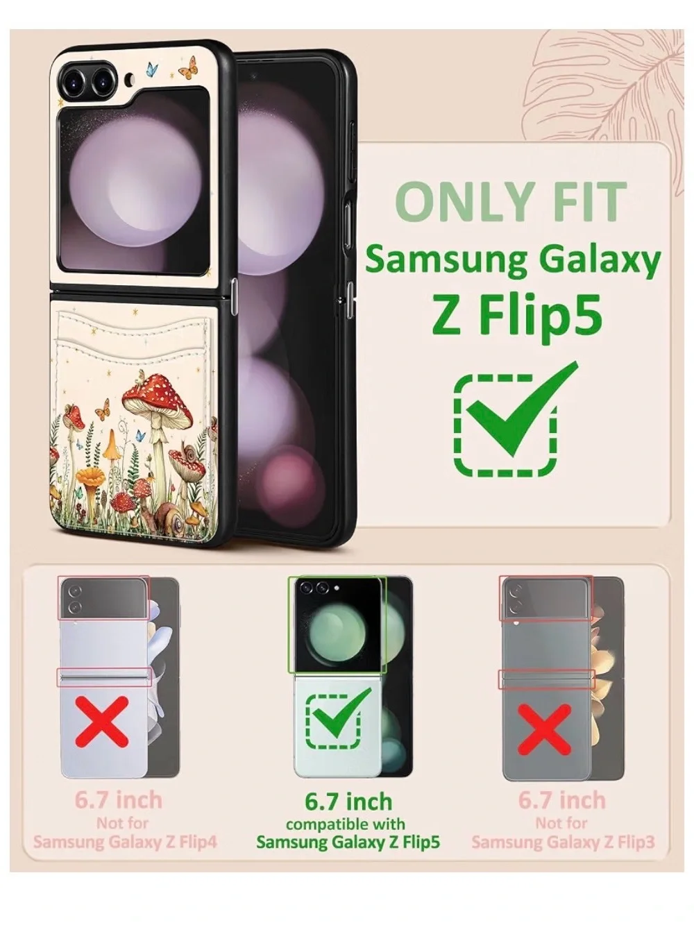 Galaxy Z Flip 5 Wallet Phone Case with Mushroom Floral Design - Cream